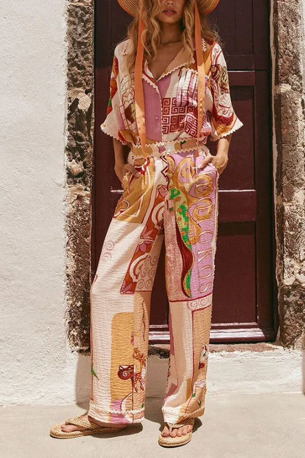 Tia Linen Blend Ric Rac Trims Unique Print Tank + Shirt + Pocketed Pants Set （3pieces） multicolor