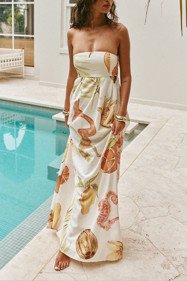Island Time Linen Blend Unique Print Strapless Back Tie-up A-line Maxi Dress