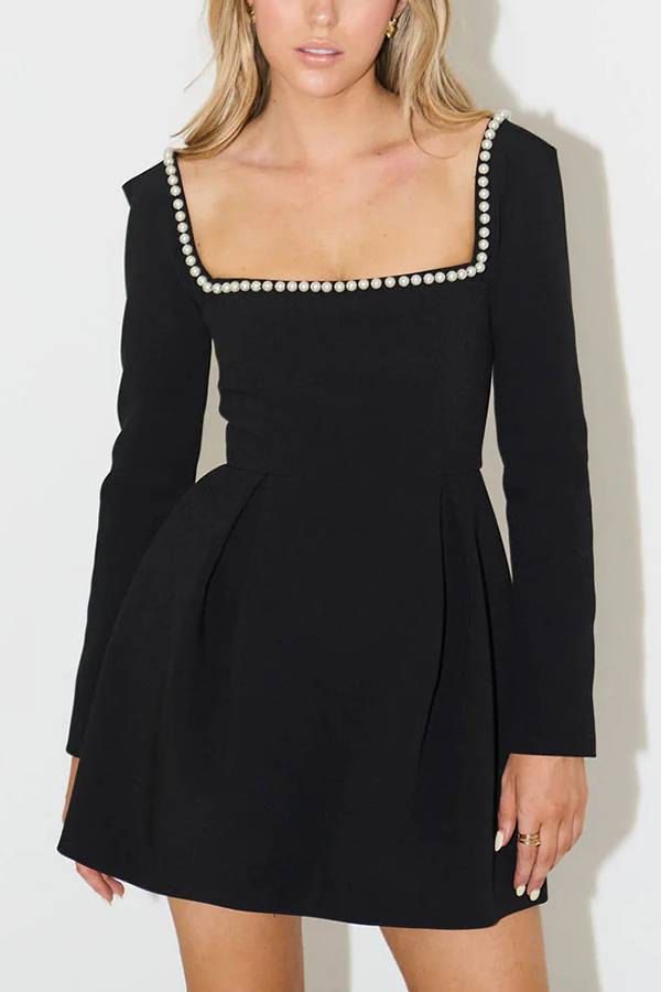 You'll Remember Me Pearl Embellished Square Neck Long Sleeve Mini Dress Black