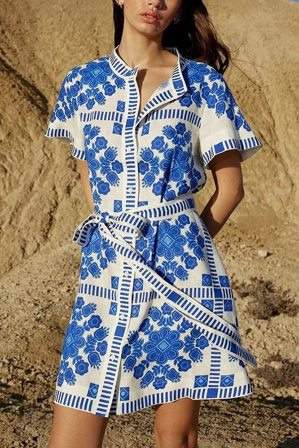 Unique Print Short Sleeve Button Tie Waist Mini Dress
