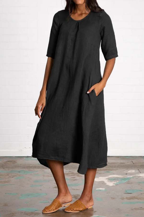 Round Neck Half Sleeve Long Solid Color Casual Cotton Linen Dress Black