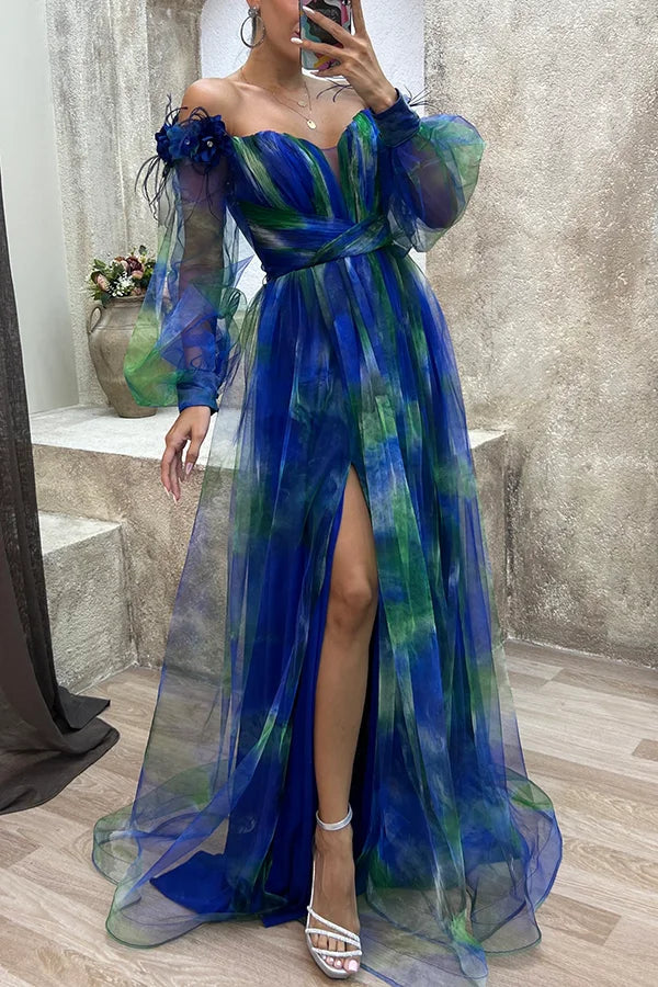 Luxe Arrival Mesh Tulle Floral Off Shoulder Pleated Slit Evening Maxi Dress Blue