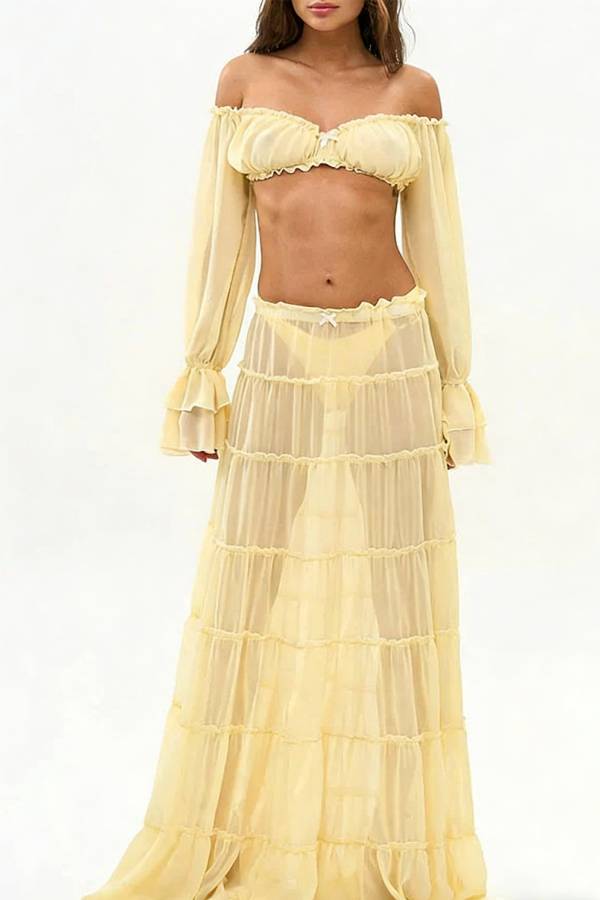 Gentle Sunshine Off Shoulder Long Bell Sleeve Crop Top and Elastic Waist Layered Cover-up Maxi Skirt Set