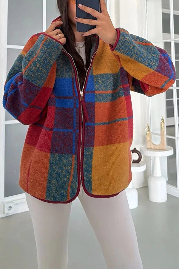 Snow Village Fleece Unique Print Zipper High Neck Long Sleeve Pocket Coat