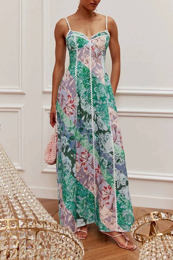 Monet Garden Watercolor Floral Print Lace Trim Maxi Dress