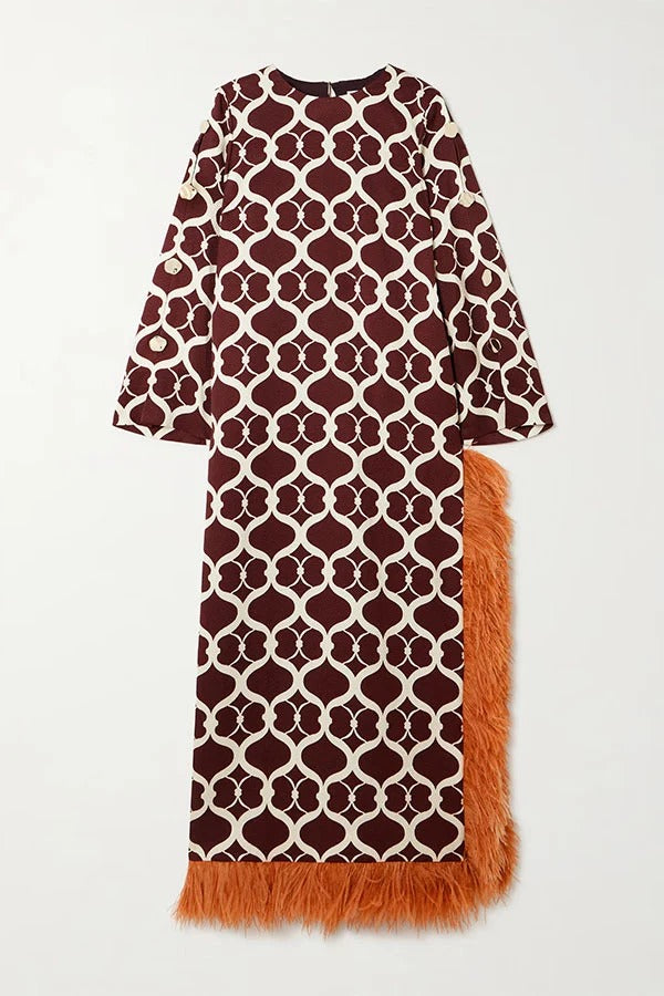 Luxe Hush Satin Palace Style Print Long Sleeve Side Slit Feather Trim Maxi Dress