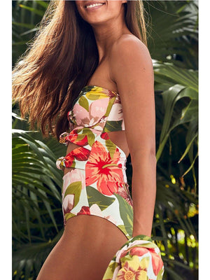 Floral Print Knot Design Orange One-piece Swimsuit
