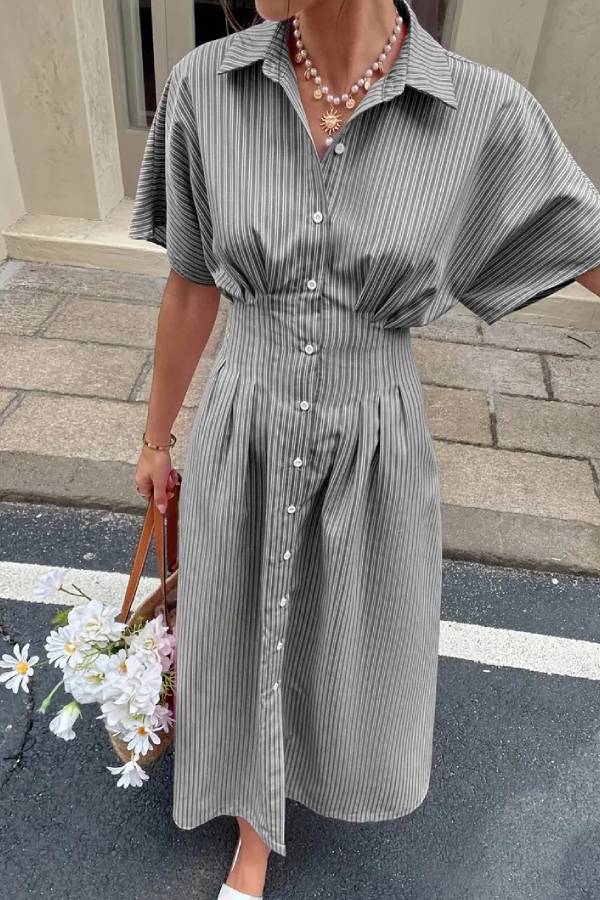Striped Lapel Batwing Sleeve Waisted Shirt Midi Dress