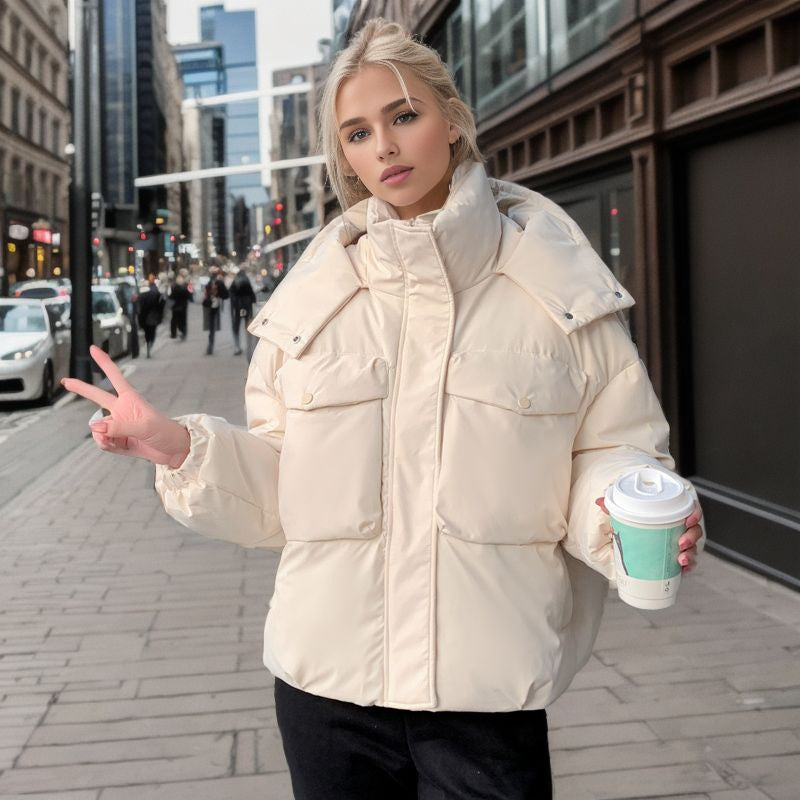 women's short pocket workwear cotton coat White