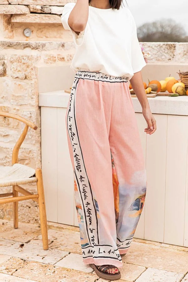 Unique Printed Elastic Waist Vacation Casual Wide Leg Pants