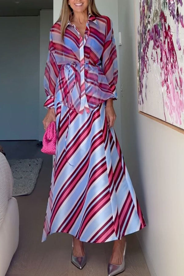 Brighter Days Satin Striped High Rise A-line Slit Maxi Skirt Blue