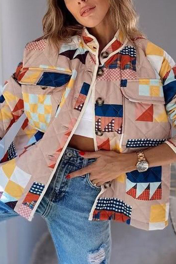 Geometric print stand collar quilted cotton coat multicolor