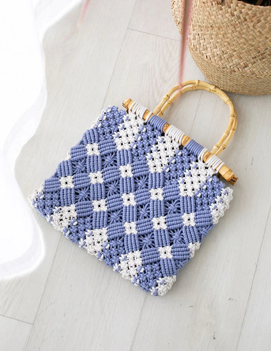 Bamboo Handle Two-Tone Woven Handbag Blue ONE SIZE