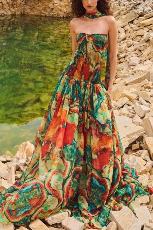 Vacay Vibes Colorful Lava Print Off Shoulder Smocked Scarf Maxi Dress