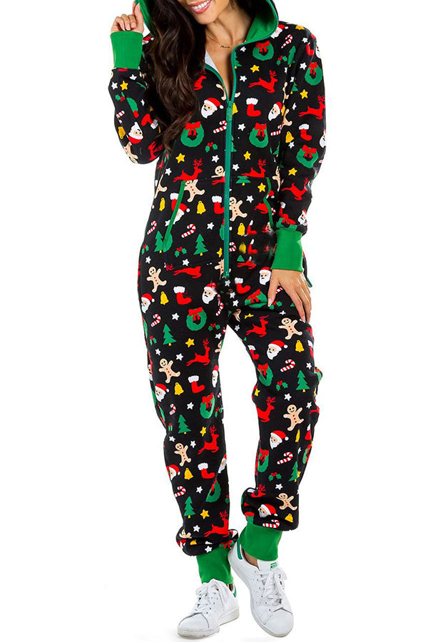 Christmas Print Zipper Pocketed Hooded Loungewear Jumpsuit 8