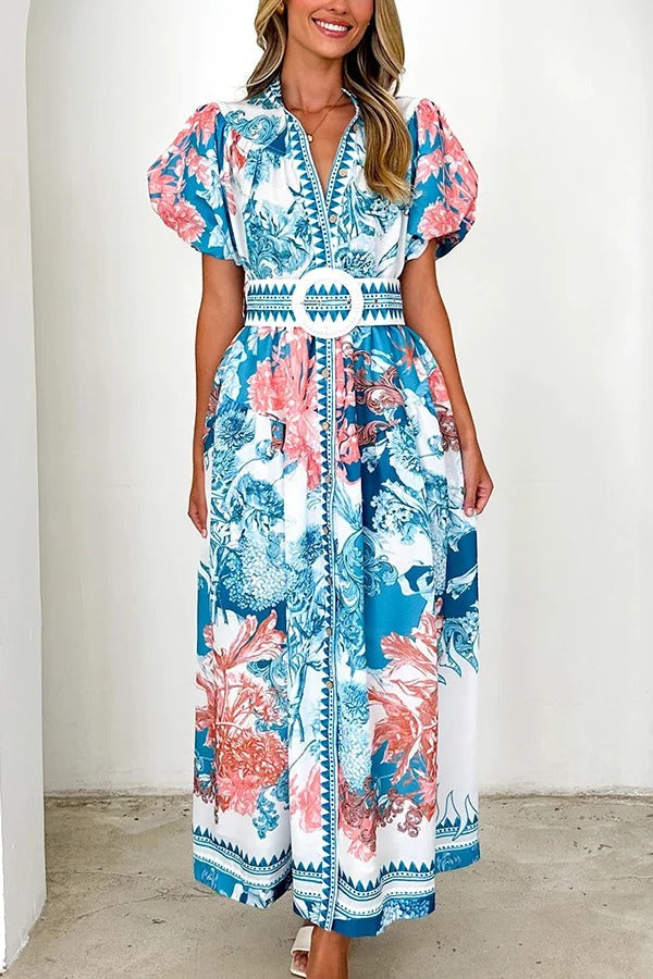 Unique Print Puff Sleeve Button Belt Casual Maxi Dress Blue