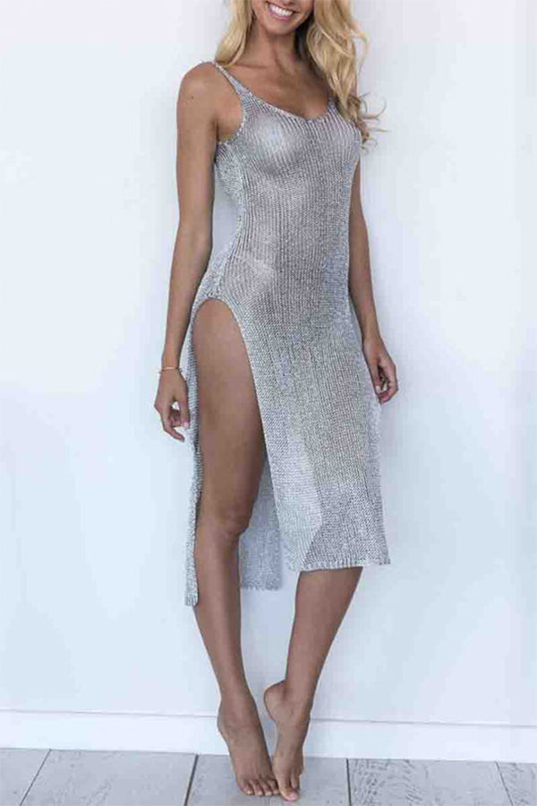 Low Back High Split Crochet Sheer Cover Up (2 Colors) Grey One Size
