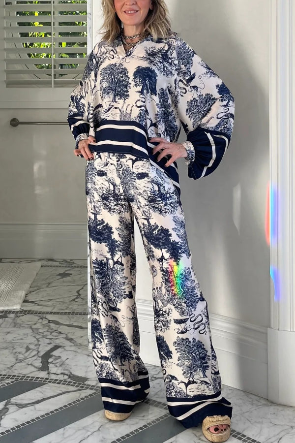 Casual Border Printing Two Pieces Set Blue