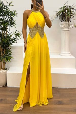 Yellow Halter Necklace Embroidery Detail Evening Dress