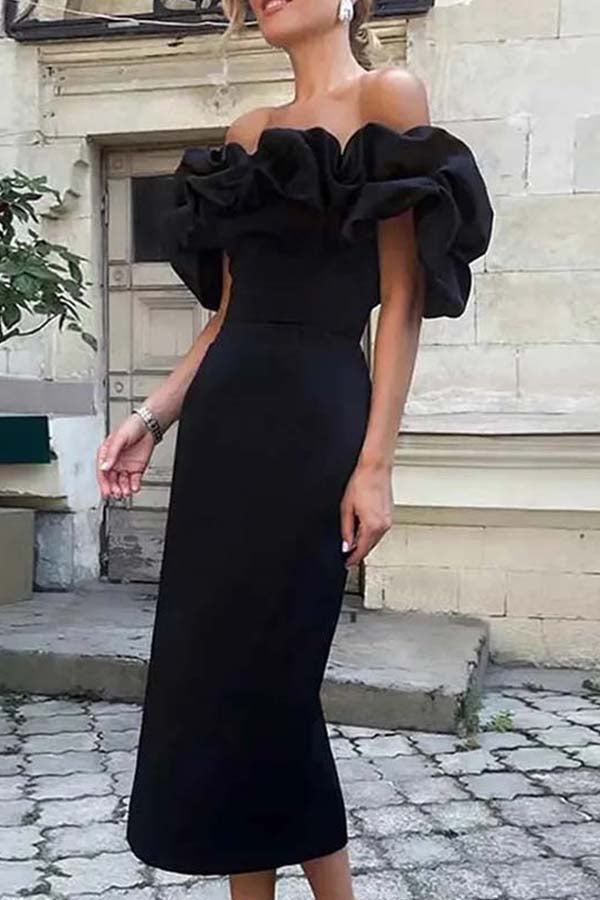 FASHION SOLID COLOR OFF THE SHOULDER DRESS Black