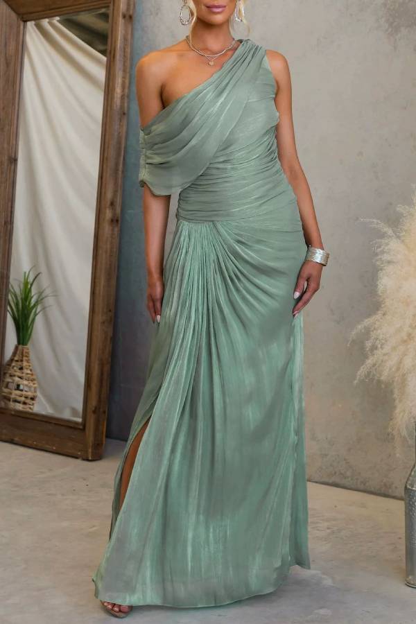 Shimmer One Shoulder Ruched Slit Maxi Dress