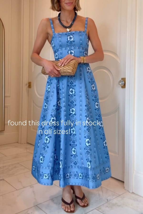Blue White Floral Square Neck Spaghetti Strap Midi Dress High Waist A-Line Vacation Sundress