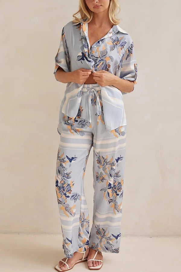 Fashionable Plant Print Loose Lapel Short Sleeve Shirt and Casual Elastic Waist Pocket Pants Set