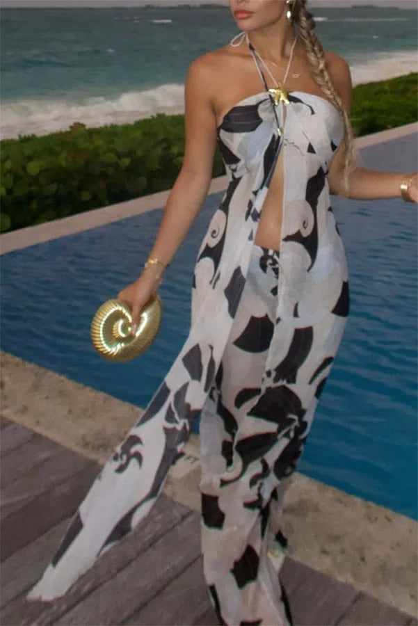Adrenia Unique Print Metal Starfish Front Slit Halter Tank and Elastic Waist Loose Pants Set