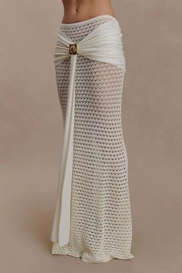 Mania Knit Hardware Detail Bell Sleeve Crop Top and Gathered Overlay Sash Stretch Maxi Skirt Set