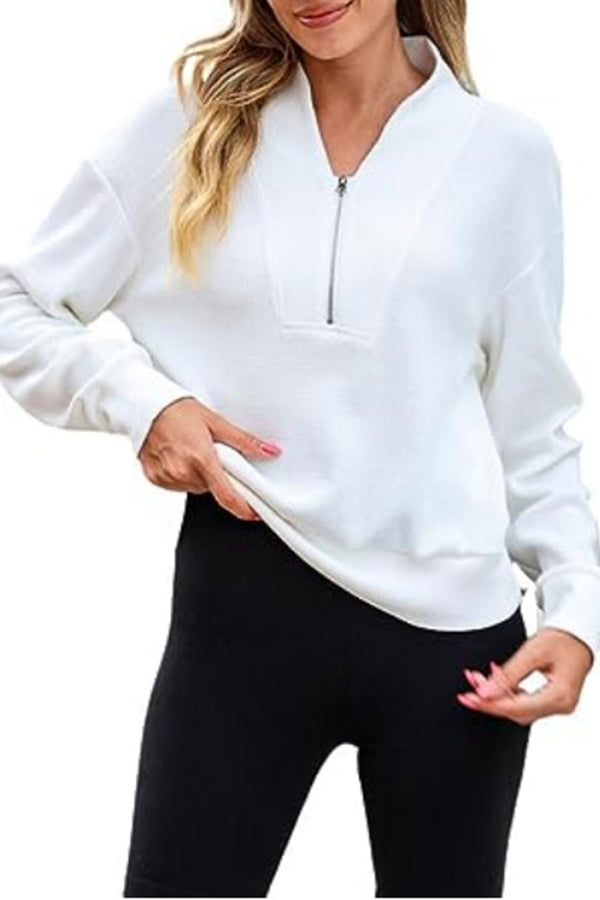 Waffle zipper V-neck pullover long-sleeved sweater White