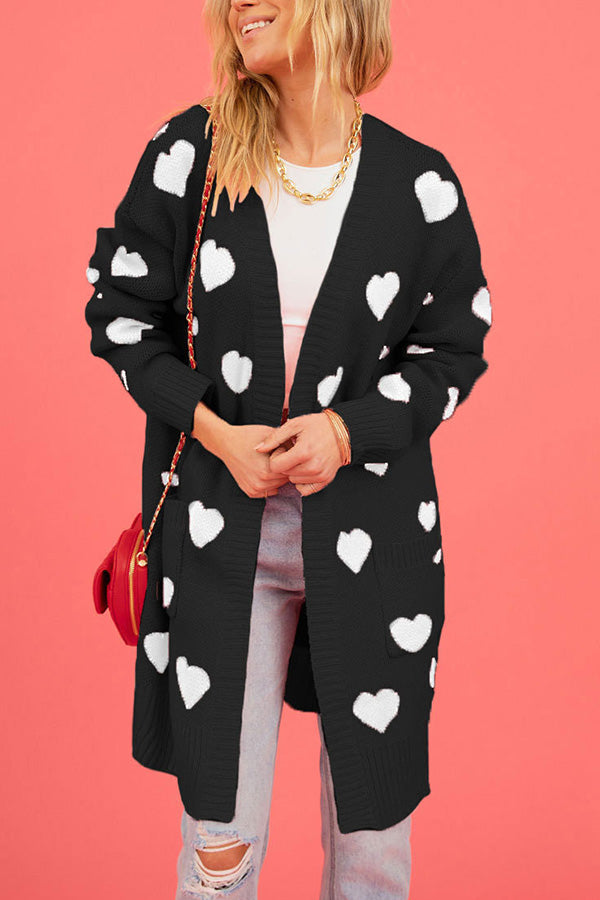 Love knitted cardigan Love pocket V-neck mid-length knitted cardigan Black