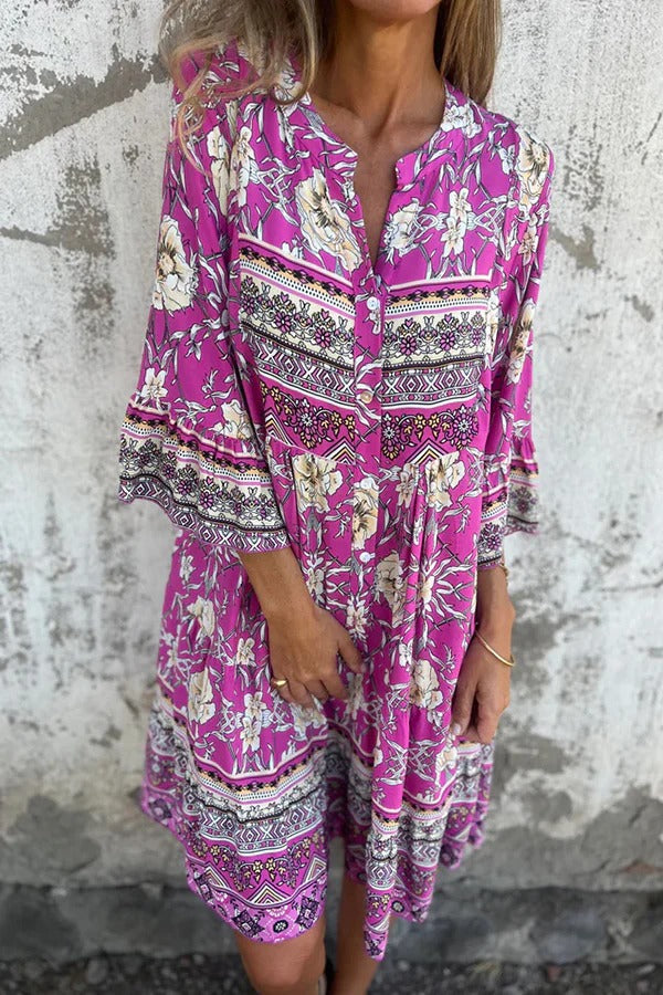 Ethnic Floral Print V-neck Loose Pocket Mini Dress Purple