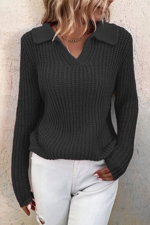 Women's Lapel Solid Slim Fit Knit Sweater Black