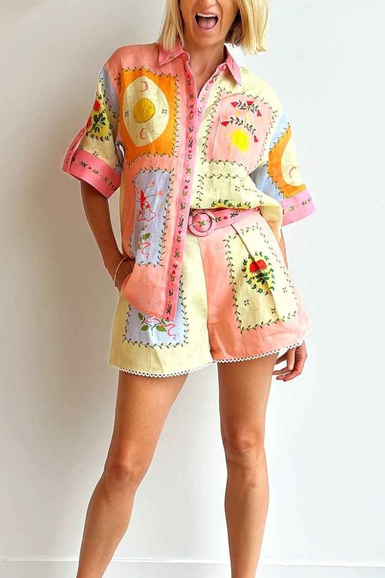 Lily Song Linen Blend Unique Print Short Sleeve Shirt and Belted Pocket Shorts Set Yellow