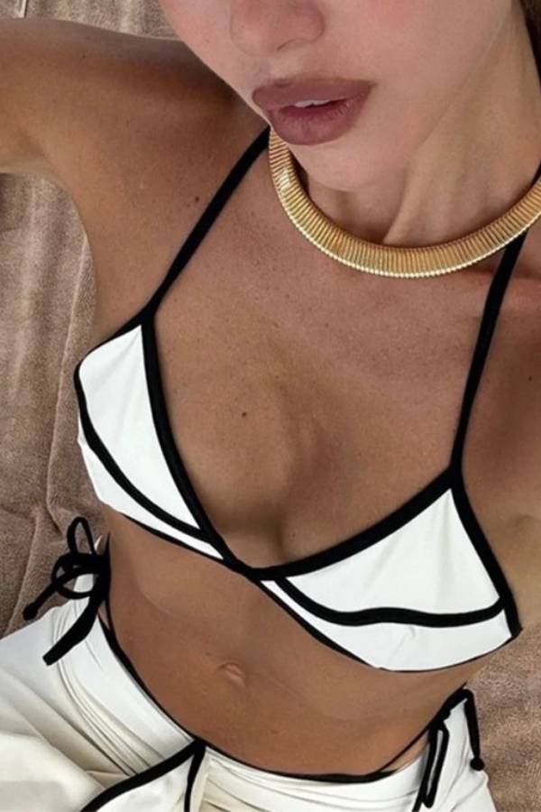 Color-Blocked Trim Halter Triangle Bikini with Ruffle Slit Cover-Up Skirt 3-Piece Set