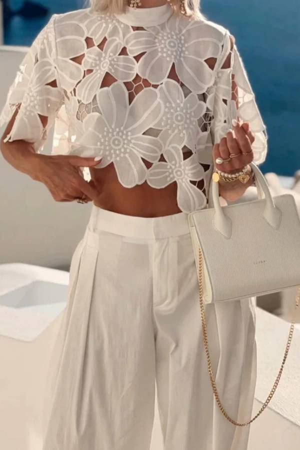 Exquisite Floral Lace Cutwork Crop Top & Wide-Leg Pants Two-Piece Set