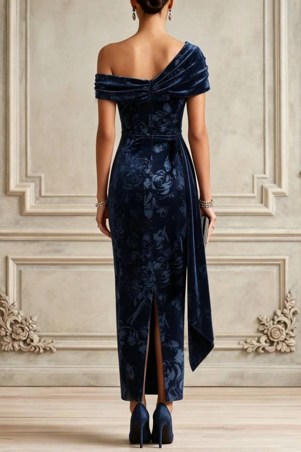 Blue Floral Split Joint Ruched Velvet One Shoulder Short Sleeve Bodycon Maxi Dress