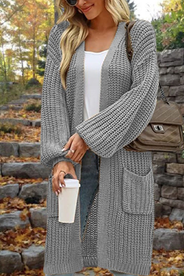 Mid-Length Loose Oversized Double Pocket Cardigan Sweater Jacket Grey