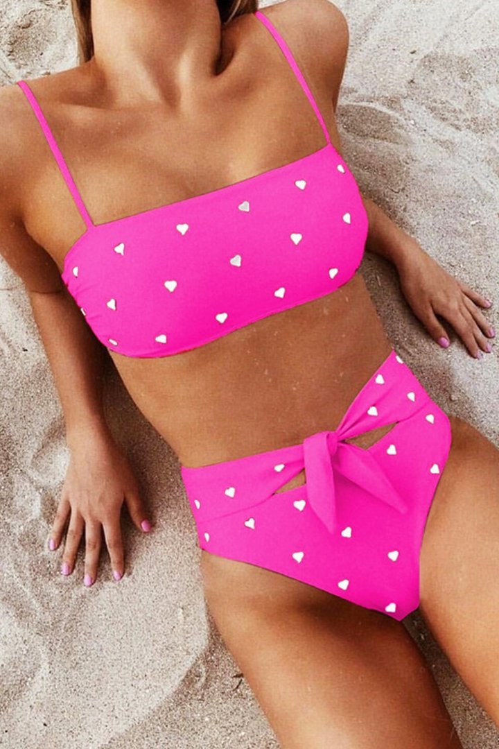 Heart-shaped Print Bandage Cutout Design Bikini Set (6 Colors) Rose Red