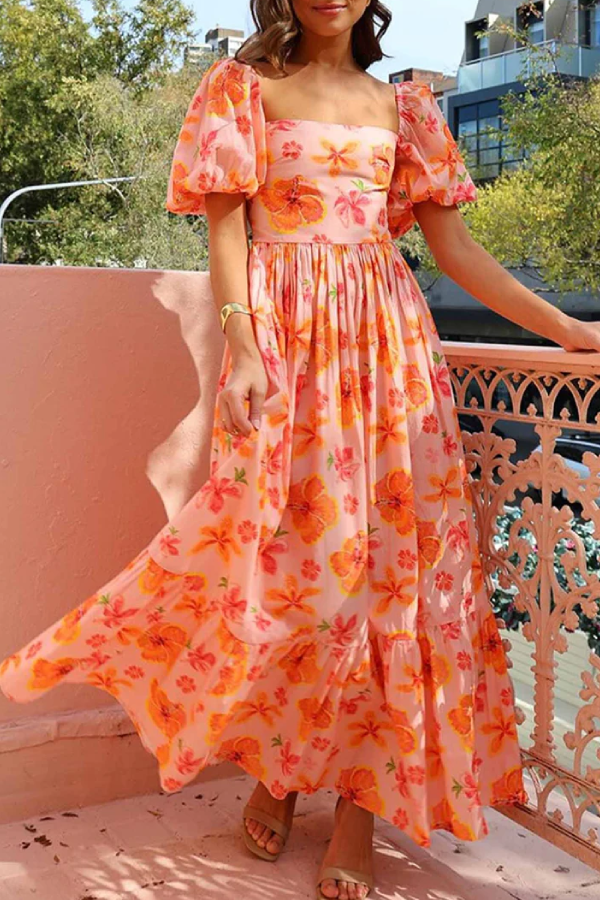 Puff Sleeve Printed A-line Shirred Dress Orange