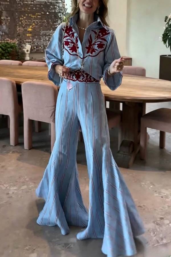 Delirio Linen Blend Floral Embroidery and Stripes Print High Rise Flare Hem Pants