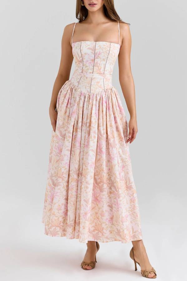 Spaghetti Strap Corset Floral Midi Dress
