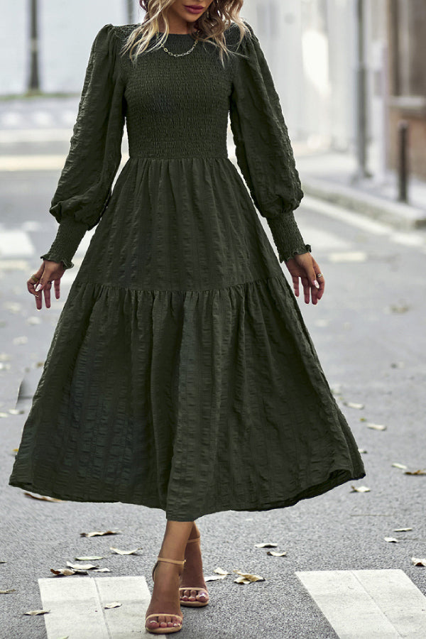Solid Lantern Sleeve Ruffle Hem Shirred Dress Army Green