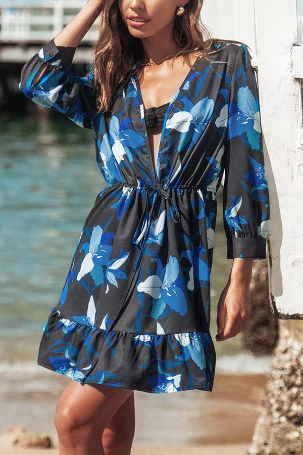 Kaitlynn Tropical Floral Drawstring Cover-Up Dress Blue