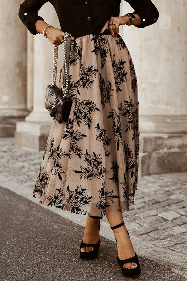 Apricot Floral Leaves Embroidered High Waist Maxi Skirt APRICOT