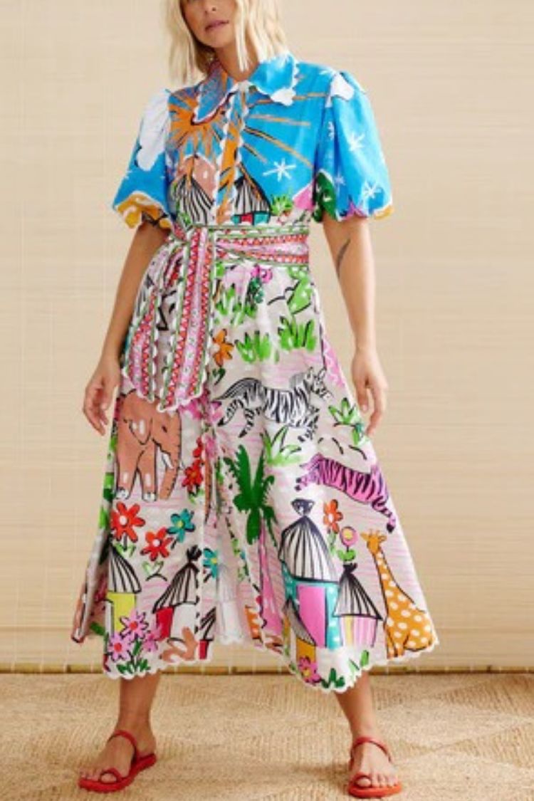 Daliah Unique Printed Wave Lace Puff Sleeves Loose Pocket Maxi Dress