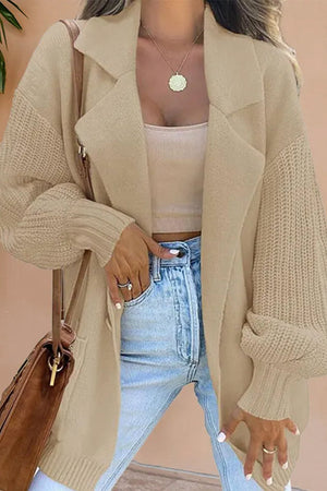 Women's Suit Collar Knitted Patchwork Woolen Jacket Khaki