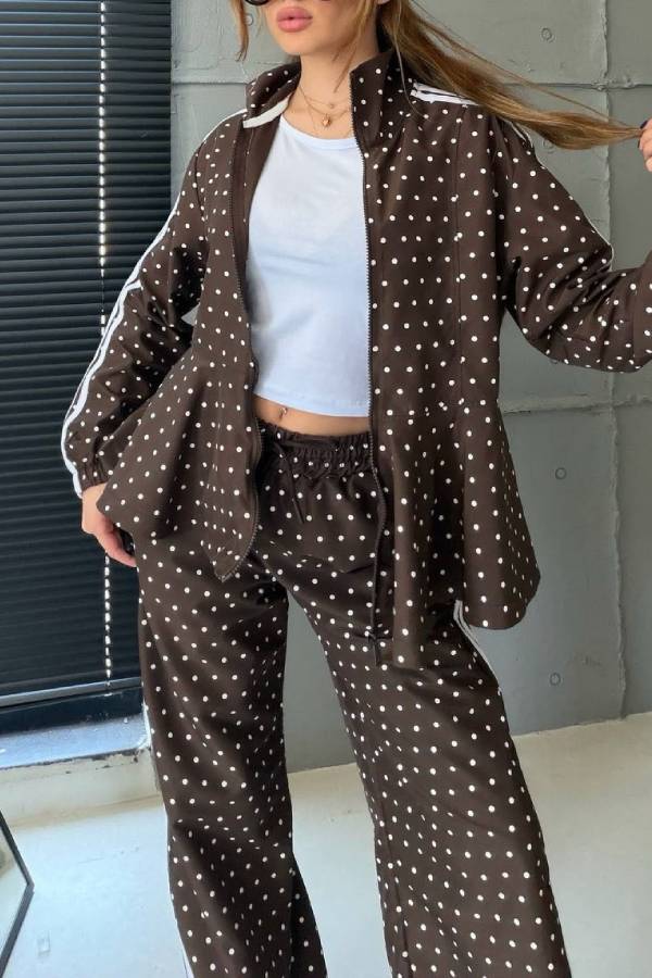 Polka Dot Peplum Tracksuit Two‑Piece Set