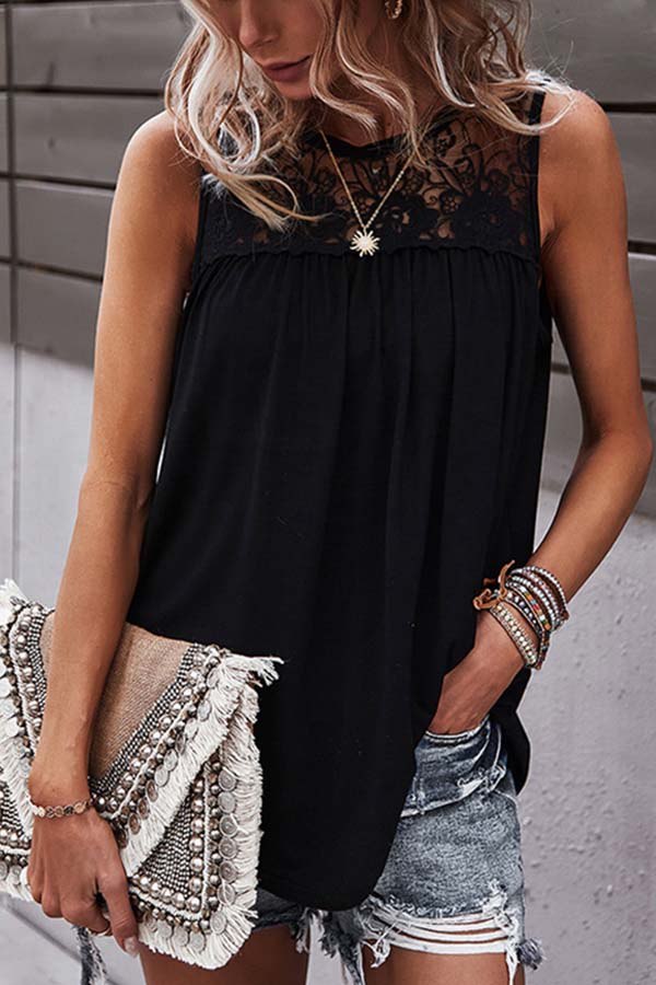 Crochet Lace Patchwork Casual Tank Top Black