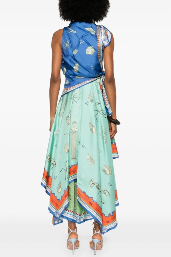 Surrealist Summer Satin Unique Print Tie-up Details Layered Hem Scarf Maxi Dress